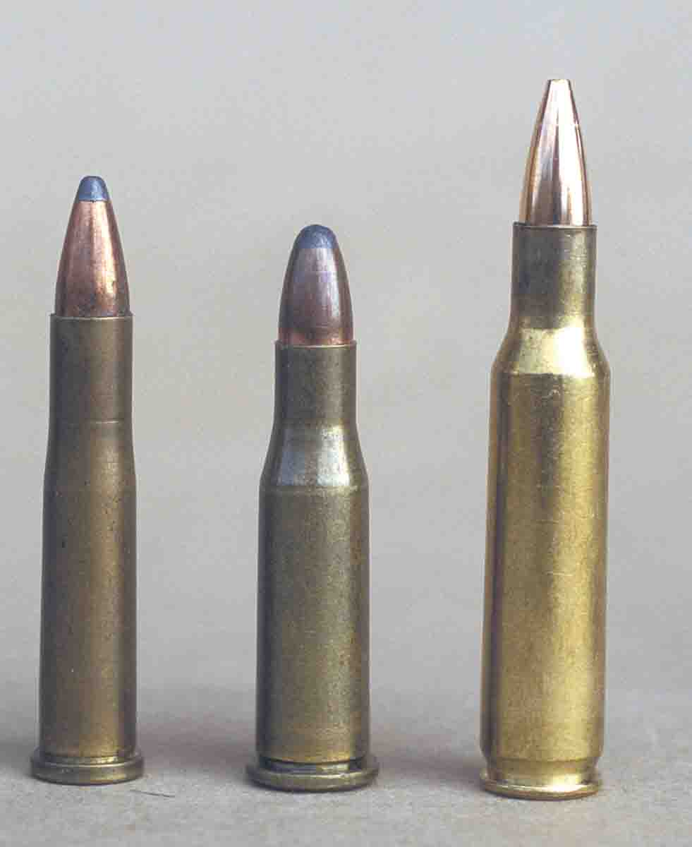 Facing page, a Remington Model 700 Classic .222 Remington is topped with a Weaver 3-10x40 Grand Slam scope. Below, the .222 Remington (right) offered significantly better performance than either the .22 Hornet (left) or .218 Bee (center).